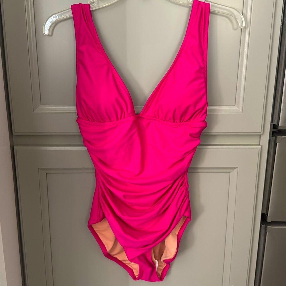 J. Crew Women's SZ 6 Pink Ruched V-Neck One-Piece Swimsuit Poolside NEW Resort